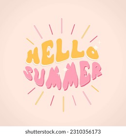 Hello summer on bright abstract background. Colorful poster with brush lettering about summer. Vivid illustration in retro color style. Vintage colors and shapes.