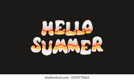 Hola verano sobre fondo abstracto brillante. Afiche colorido con letras de broche sobre el verano. Ilustración vívida en estilo de color retro. Colores y formas de época.
