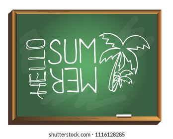 Hello Summer on chalkboard background. Hand drawn vector illustration.