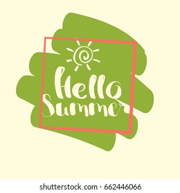 Hello Summer on color blob. Isolated Typographic Design Label. Season Holidays lettering for logo,Templates, invitation, greeting card, prints and posters. Enjoy The Beach party