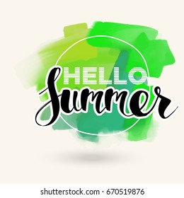 Hello Summer on color blob. Isolated Typographic Design Label. Season Holidays lettering for logo,Templates, invitation, greeting card, prints and posters. 