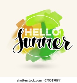 Hello Summer on color blob. Isolated Typographic Design Label. Season Holidays lettering for logo,Templates, invitation, greeting card, prints and posters. 