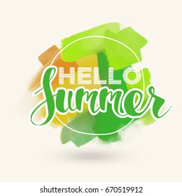 Hello Summer on color blob. Isolated Typographic Design Label. Season Holidays lettering for logo,Templates, invitation, greeting card, prints and posters. 