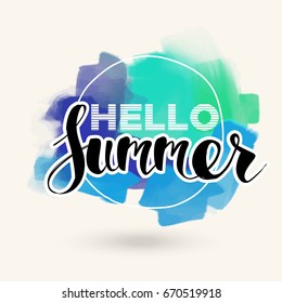 Hello Summer on color blob. Isolated Typographic Design Label. Season Holidays lettering for logo,Templates, invitation, greeting card, prints and posters. 
