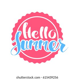 Hello Summer on color circle. Isolated Typographic Design Label. Season Holidays lettering for logo,Templates, invitation, greeting card, prints and posters. Enjoy The Beach party