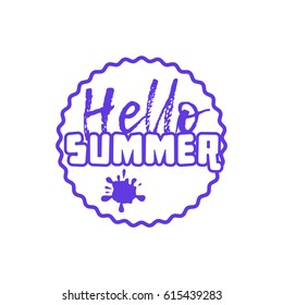 Hello Summer on color circle. Isolated Typographic Design Label. Season Holidays lettering for logo,Templates, invitation, greeting card, prints and posters. Enjoy The Beach party