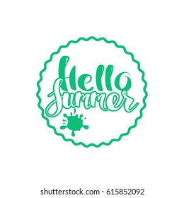 Hello Summer on color circle. Isolated Typographic Design Label. Season Holidays lettering for logo,Templates, invitation, greeting card, prints and posters. Enjoy The Beach party