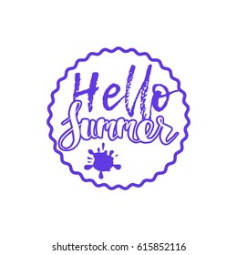 Hello Summer on color circle. Isolated Typographic Design Label. Season Holidays lettering for logo,Templates, invitation, greeting card, prints and posters. Enjoy The Beach party