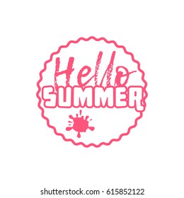Hello Summer on color circle. Isolated Typographic Design Label. Season Holidays lettering for logo,Templates, invitation, greeting card, prints and posters. Enjoy The Beach party