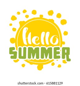 Hello Summer on color circle. Isolated Typographic Design Label. 
