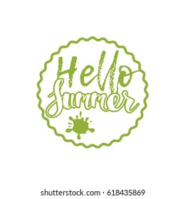 Hello Summer on color circle. Isolated Typographic Design Label. Season Holidays lettering for logo,Templates, invitation, greeting card, prints and posters. Enjoy The Beach party