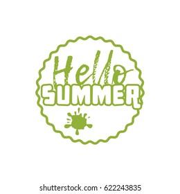 Hello Summer on color circle. Isolated Typographic Design Label. Season Holidays lettering for logo,Templates, invitation, greeting card, prints and posters. Enjoy The Beach.