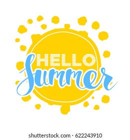 Hello Summer on color circle. Isolated Typographic Design Label. Season Holidays lettering for logo,Templates, invitation, greeting card, prints and posters. Enjoy The Beach.