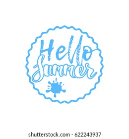 Hello Summer on color circle. Isolated Typographic Design Label. Season Holidays lettering for logo,Templates, invitation, greeting card, prints and posters. Enjoy The Beach.