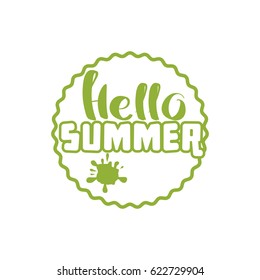 Hello Summer on color circle. Isolated Typographic Design Label. Season Holidays lettering for logo,Templates, invitation, greeting card, prints and posters. Enjoy The Beach party