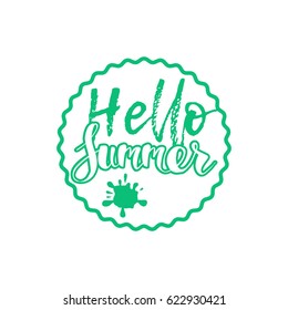 Hello Summer on color circle. Isolated Typographic Design Label. Season Holidays lettering for logo,Templates, invitation, greeting card, prints and posters. Enjoy The Beach party