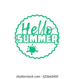 Hello Summer on color circle. Isolated Typographic Design Label. Season Holidays lettering for logo,Templates, invitation, greeting card, prints and posters. 