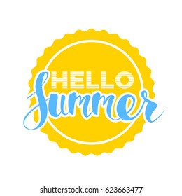Hello Summer on color circle. Isolated Typographic Design Label. Season Holidays lettering for logo,Templates, invitation, greeting card, prints and posters. 