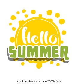 Hello Summer on color circle. Isolated Typographic Design Label. Season Holidays lettering for logo,Templates, invitation, greeting card, prints and posters. Enjoy The Beach party