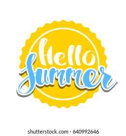 Hello Summer on color circle. Isolated Typographic Design Label. Season Holidays lettering for logo,Templates, invitation, greeting card, prints and posters. Enjoy The Beach party.