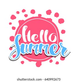 Hello Summer on color circle. Isolated Typographic Design Label. Season Holidays lettering for logo,Templates, invitation, greeting card, prints and posters. Enjoy The Beach party