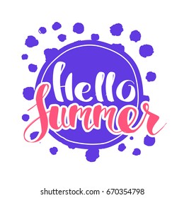Hello Summer on color circle. Isolated Typographic Design Label. Season Holidays lettering for logo,Templates, invitation, greeting card, prints and posters. Enjoy The Beach party
