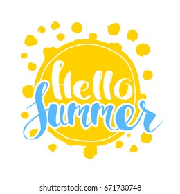 Hello Summer on color circle. Isolated Typographic Design Label. Season Holidays lettering for logo,Templates, invitation, greeting card, prints and posters. Enjoy The Beach party