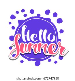 Hello Summer on color circle. Isolated Typographic Design Label. Season Holidays lettering for logo,Templates, invitation, greeting card, prints and posters. 