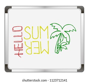 Hello Summer on flip chart background. Hand drawn vector illustration.