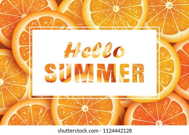Hello summer on orange slice background. Use for greeting card, banner, poster.