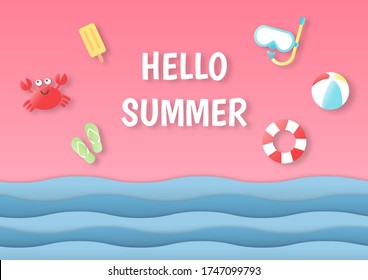 hola verano con fondo rosa. estilo de arte de papel. Ilustración vectorial.