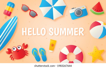 hello summer on sea background. paper art style. vector Illustration.