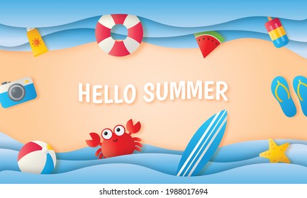 hello summer on sea background. paper art style. vector Illustration.