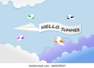 Hello Summer on sky with bird, Vector illustration. paper art and digital craft style.