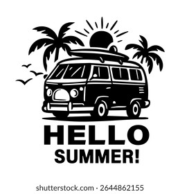 Hello summer!  on the theme of summer holidays. posters, stickers, emblem. Decorative creative design. Black and white colors. Vector illustration.