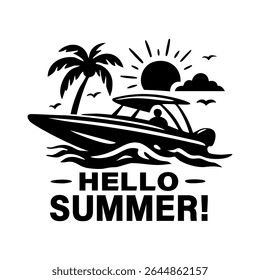 Hello summer!  on the theme of summer holidays. posters, stickers, emblem. Decorative creative design. Black and white colors. Vector illustration.