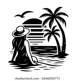 Hello summer!  on the theme of summer holidays. posters, stickers, emblem. Decorative creative design. Black and white colors. Vector illustration.