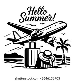Hello summer!  on the theme of summer holidays. posters, stickers, emblem, print, . Decorative creative design. Black and white colors. Vector illustration.