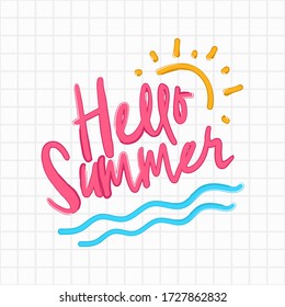 Hallo Sommer auf weißen Fliesen Hintergrund.