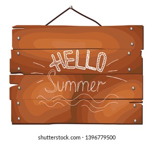 Hello Summer on wooden plank background. hand drawn vector illustration. Lettering Hello Summer.
