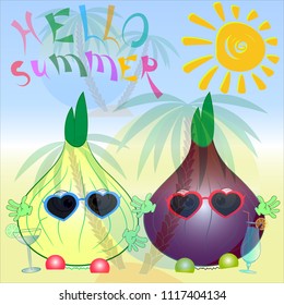 hello summer onion vector illustration. summer time cartoon vector illustration.
palm trees and sea cartoon vector illustration. its summer vector illustration. two onions on the beach.
