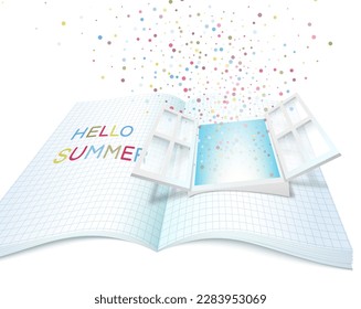 Hello summer. An open window on a school notebook from which light shines and multi-colored confetti fly.