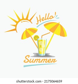 Hello summer Orange cocktail in glass. Vector illustration isolated on white background. Modern banner with refreshing drink.