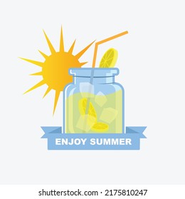 Hello summer Orange cocktail in glass. Vector illustration isolated on white background. Modern banner with refreshing drink. 