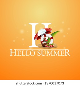 Hello summer, orange postcard with coconut ice cream cocktail, beach umbrella, fruit, palm leaves and lifeline