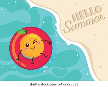Hello Summer Orange Poster On The Beach With Swim Ring