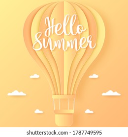 Hello Summer, orange and yellow hot air balloon flying in the bright sky and cloud, paper art style