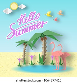 Hello Summer Origami Paper Seasonal Symbols, Sign, Elements with Inscription Illustrate the Greeting of the Fun Summertime. Fashion Background, Banner, Card, Poster. Vector Illustrations Art Design.