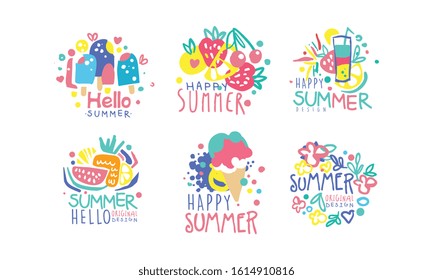 Hello Summer Original Design Labels Collection, Colorful Hand Drawn Graphic Templates Vector Illustration