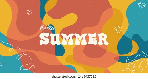 Fondo texturizado de la superposición del verano del hola con los Elementos florales del contorno. Abstractas diseño líquido brillante para póster, Anuncio, cubierta, venta, invitación. Ilustración vectorial